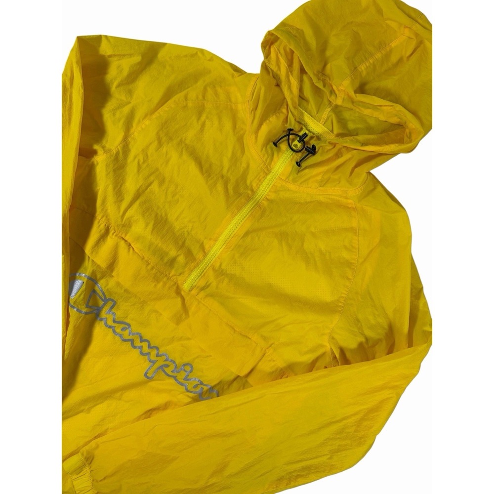 Champion Packable Anorak Windbreaker Jacket Small Yellow Hooded Quarter Zip